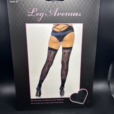 New Leg Avenue Thigh High Sheer Stockings Rhinestone Bow Backseam OS Black 1949